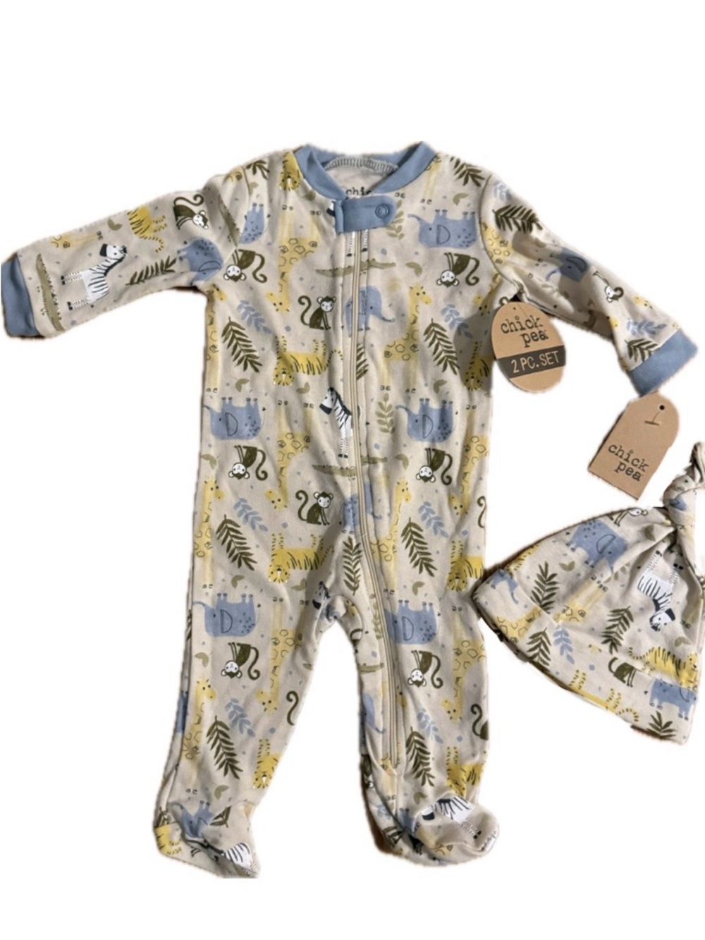 Chick Pea Baby Boy Animal Print Footed 1 Piece With Matching Hat